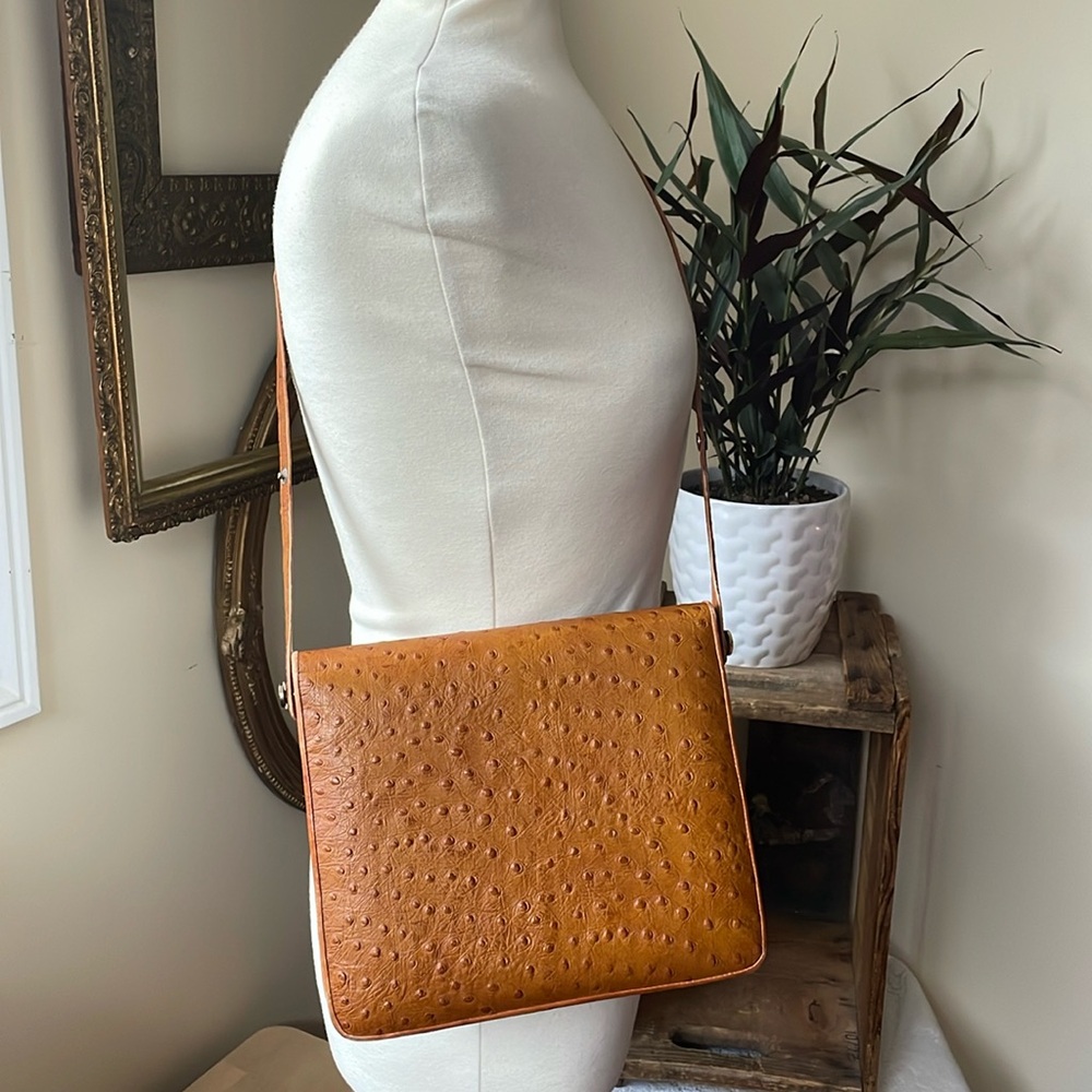 Vtg 1960s Ostrich Leather Messenger Crossbody‎ Bag
